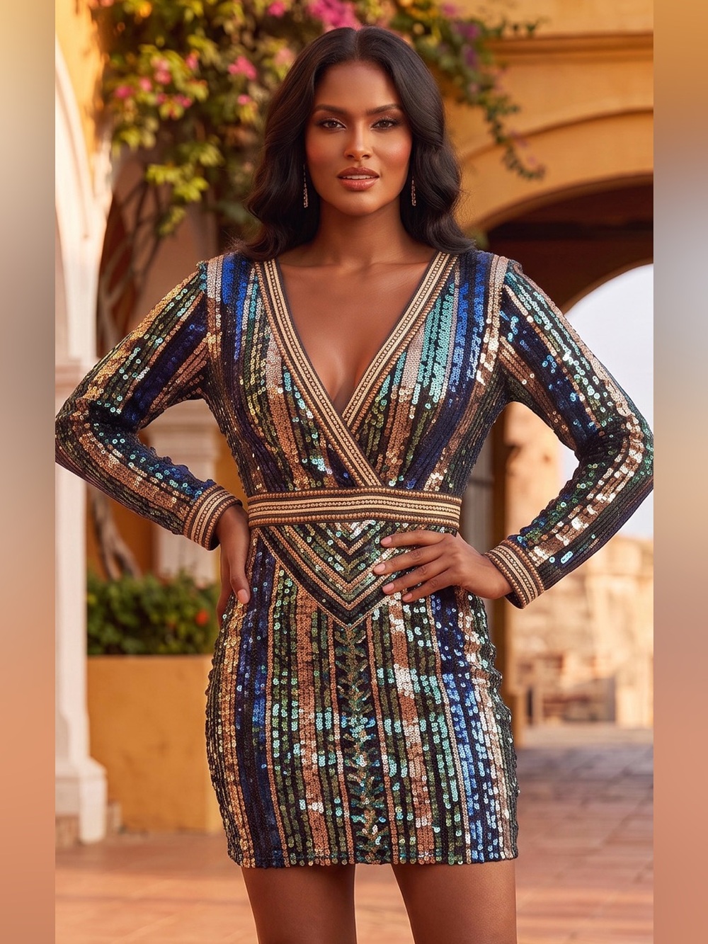 Fashion Nova Multicolor Sequin V-Neck Long Sleeve Mini Dress